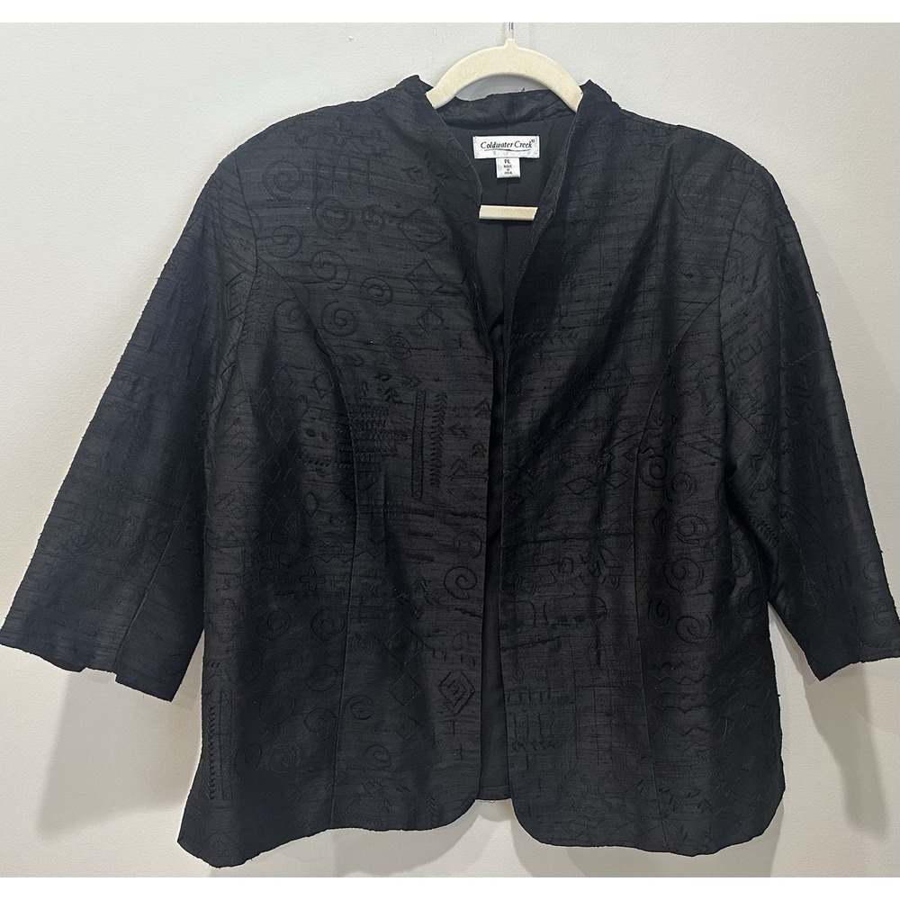 Coldwater Creek Black 100% Silk Embroidered Open‎ Front Jacket Petite Large